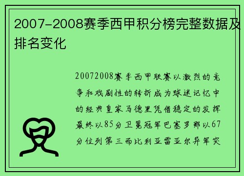 2007-2008赛季西甲积分榜完整数据及排名变化